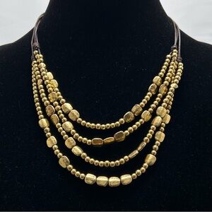 Lucky Brand, Gold Metal Beaded Necklace, 4 Strand, Brown Leather Cording